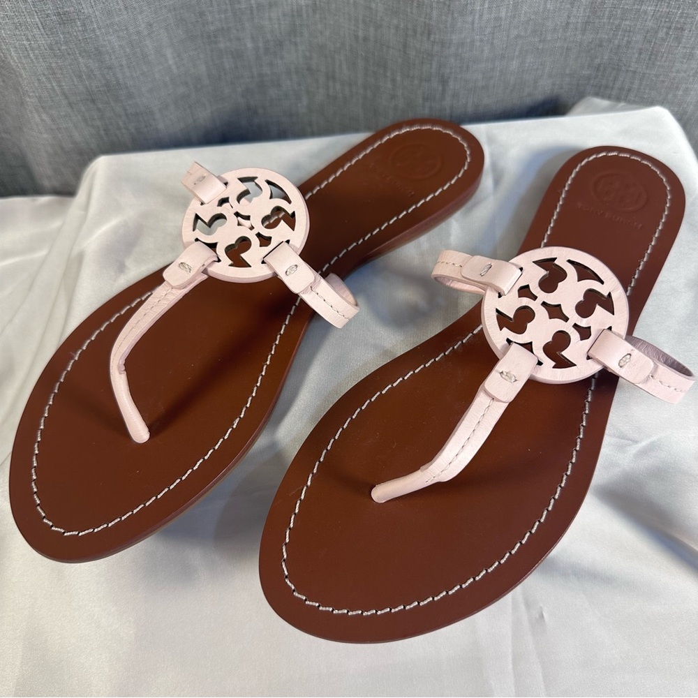 Tory Burch Pink Logo Thong Sandals on Brown Footbed
